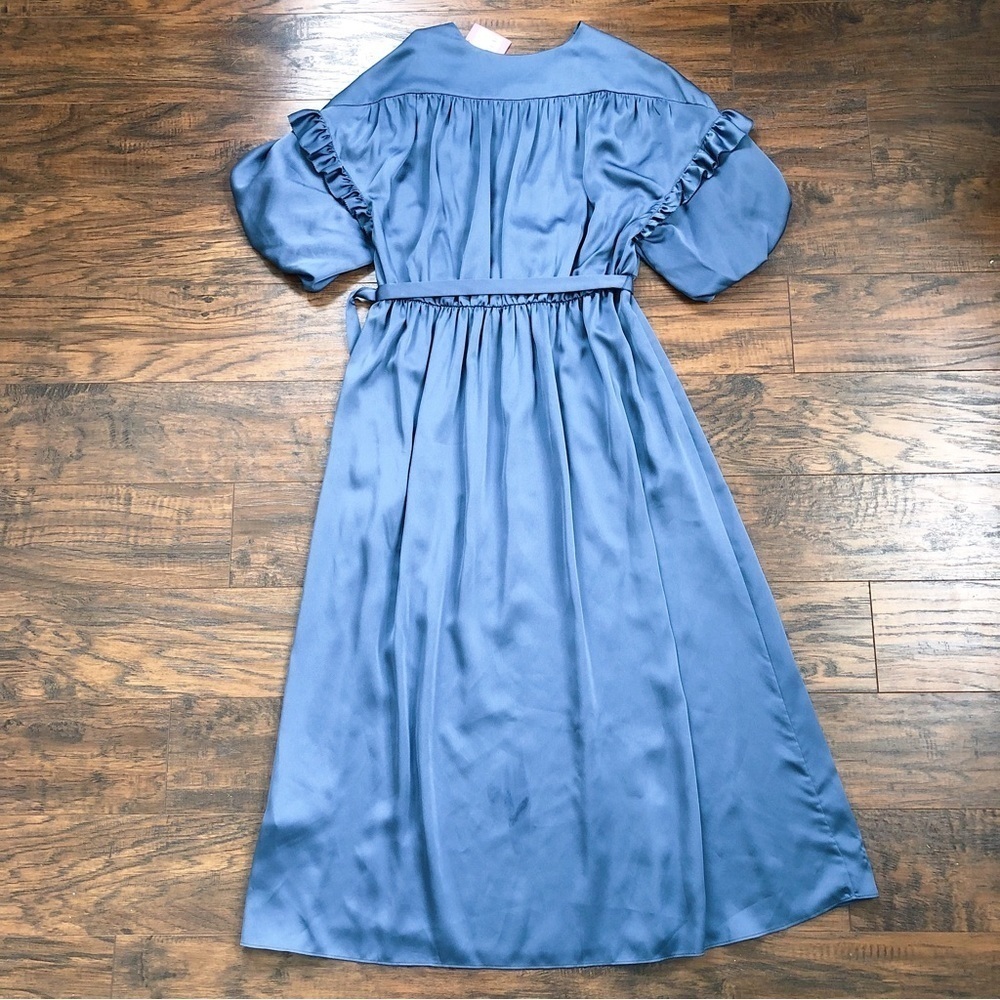 Kate Spade • Belted Satin Midi Dress ruffle trim short sleeve Antique Blue - Picture 12 of 16
